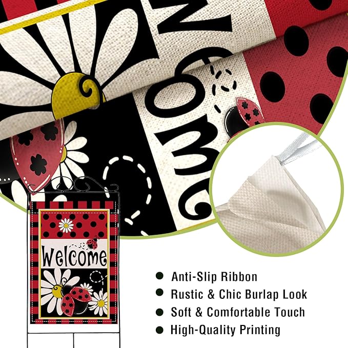Artofy Welcome Spring Summer Ladybug Daisy Flower Large Decorative House Flag, Red Black Polka Dots Yard Garden Outside Decor, Seasonal Burlap Outdoor Home Decoration Double Sided 28 x 40