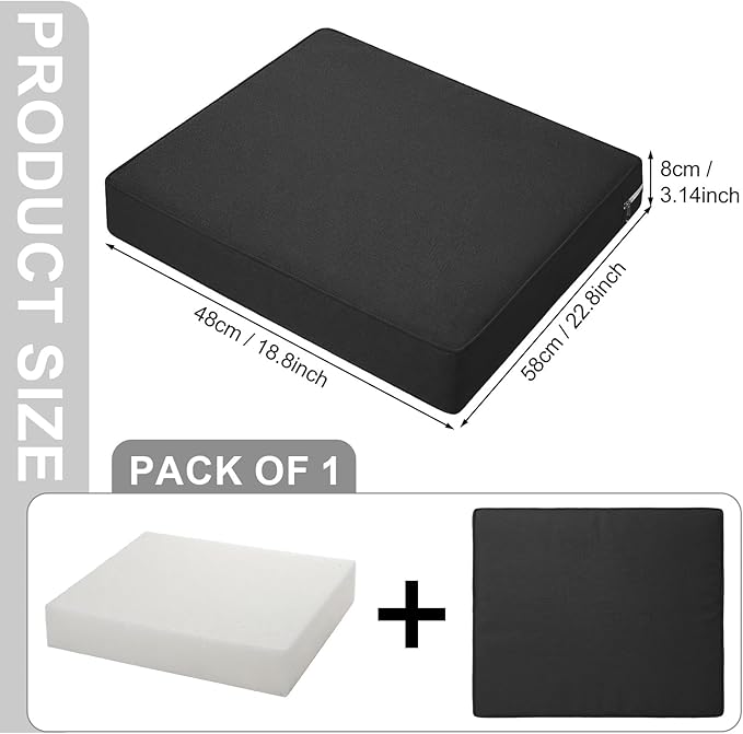 DoubleFill 1 Pcs Outdoor Ottoman Cushion 23"x19"x3" Waterproof Fade Resistant Outdoor Footstools Cushion Removable Patio Ottoman Cushions with Adjustable Fixing Strap for Stool (Black)