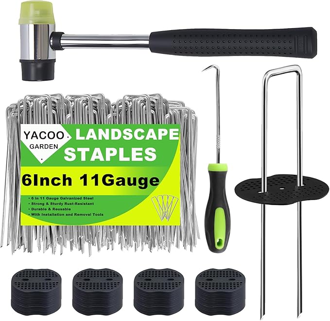 6 Inch Landscape Staples Set, 11 Gauge Galvanized U-Shaped Garden Stakes (50 Pack) with 50 Gaskets, Hook Tool & Rubber Mallet for Weed Fabric & Landscaping