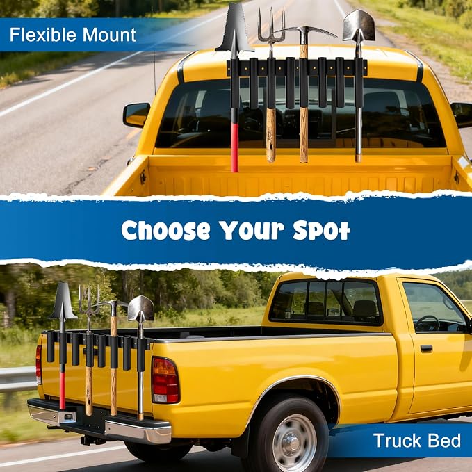 Shovel Holder for Truck, Heavy Duty 8-Hole Metal Shovel Storage Rack with Bolt-On Holes, Black Truck Box Tool Mount Rack Shovel Holder for Trimmers, Rakes, Hoes, Landscape Hand Tools Bed Mount