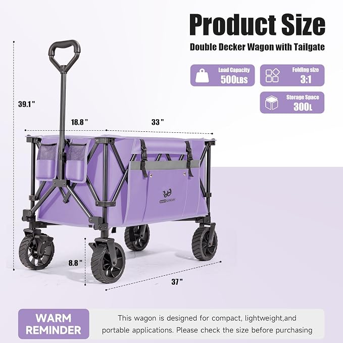 Whitsunday Folding Collapsible Utility Wagon, 400Lbs Heavy Duty Outdoor Park Beach Wagon with Table and Side Pocket for Garden Camping Sports Shopping Purple