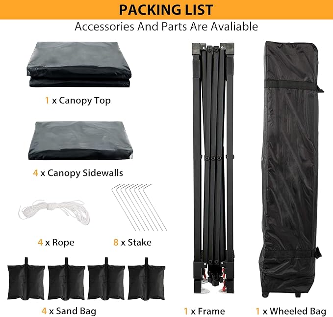 10x10FT Pop Up Canopy Tent Black 210D Oxford Waterproof with 4 Sidewalls Sun Shelter