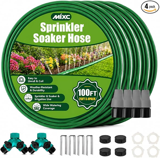 MIXC Reinforced Sprinkler Hose with Holes, 100FT (25FT×4 Pack) No-Kink Heavy Duty Flat Sprinkler Soaker Hose with Stakes & Splitters, Drip Irrigation Garden Hose for Lawn, Yard, Vegetable & Flower Bed