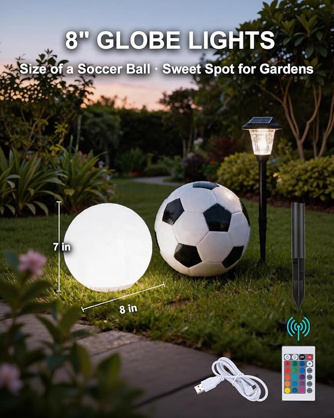 shumi 8-inch Solar Globe Lights Outdoor Waterproof, LED Solar Ball Light Outdoor 16 RGB Colors 4 Modes with Remote Control, Solar Shpere Lamp Orb Light for Outside Garden Yard Bar Party Pool