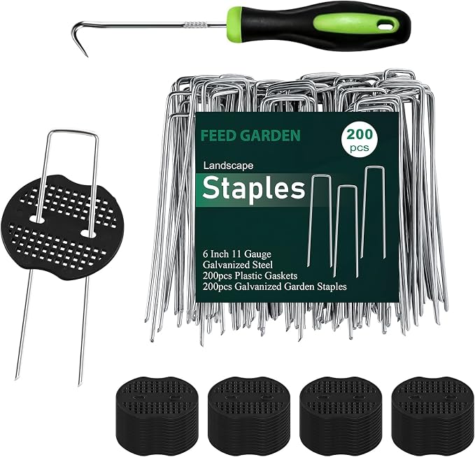 FEED GARDEN Landscape Staples 6 Inch 200 Pack Kit, Heavy Duty 11 Gauge Hot-Dip Galvanized Garden Stakes with 200 Gaskets & 1 Pick Hook for Weed Barrier, Landscape Fabric, Sod, Turf & Garden Edging