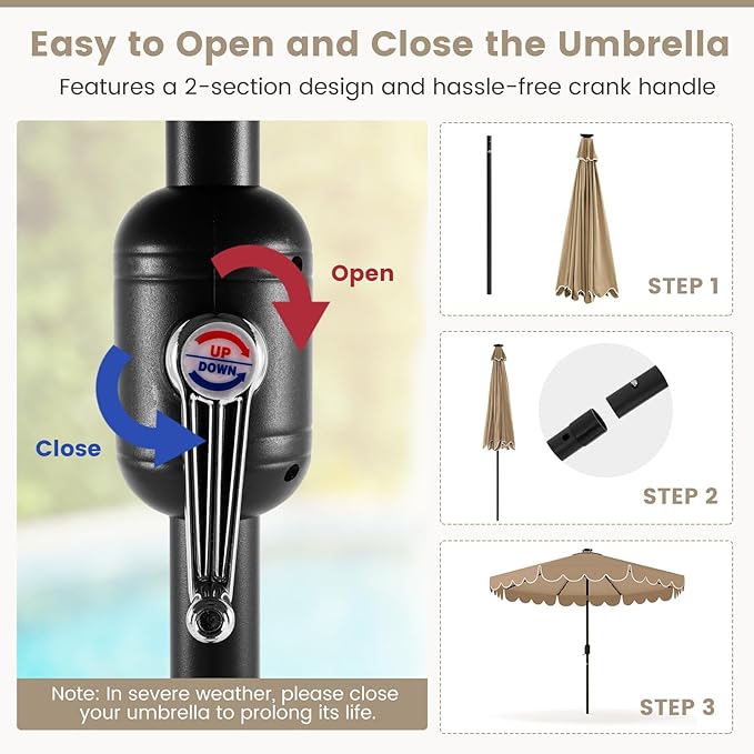 Tangkula 9 FT Solar Patio Umbrella, 2-Tiers Scalloped Outdoor Table Market Umbrella with 32 LED Lights, Vented Top, Tilt Adjustment, Crank, 8 Ribs for Backyard Poolside Deck Beach Lawn (Coffee)