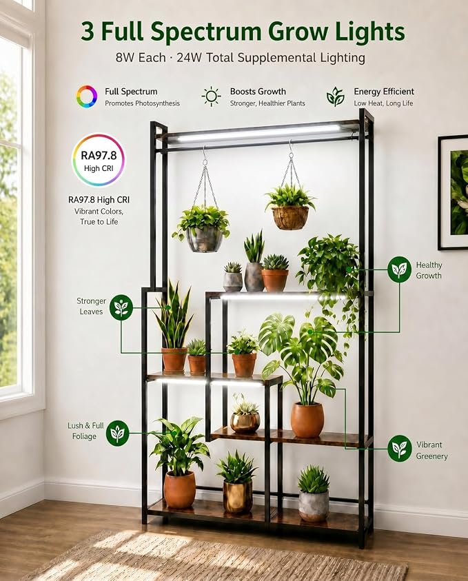 Large Plant Stand with Grow Lights 72", 5 Tier Plant Shelf with 3 Full Spectrum LED Strips & Timer, Heavy Duty Metal Plant Rack for Multiple Pot, Display Shelf for Living Room, Bedroom, Home Decor