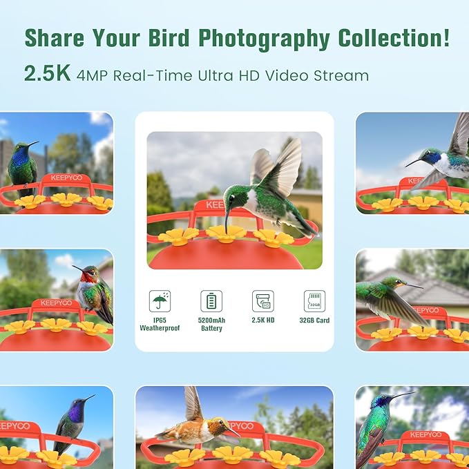 2.5K Hummingbird Feeder with Camera, Wireless Smart Bird Feeders for Outdoors, 2.4Ghz WiFi, AI Bird Identify, Instant Notification, Include 32GB SD Card, Ant Moat & Bee-Proof (Red)