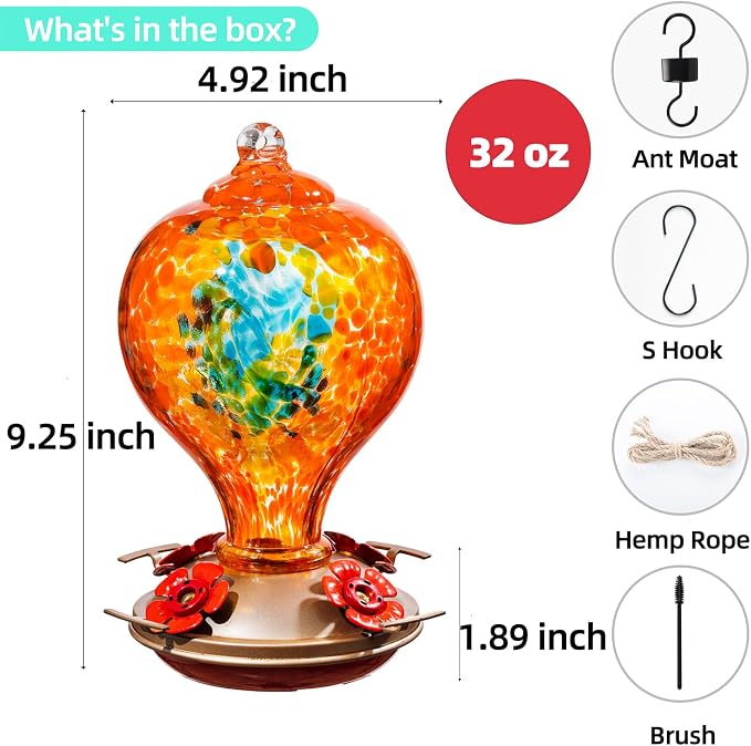Hummingbird Feeders for Outdoors Hanging, 32OZ Hand Blown Glass Hummingbird Feeder for Outside, 4 Perch Ant Moat Leakproof, Garden Decor, Backyard Bird Gifts for Mom (Orange) | LaElvish Garden Hummingbird Feeders for Outdoors Hanging, 32OZ Hand Blown G...