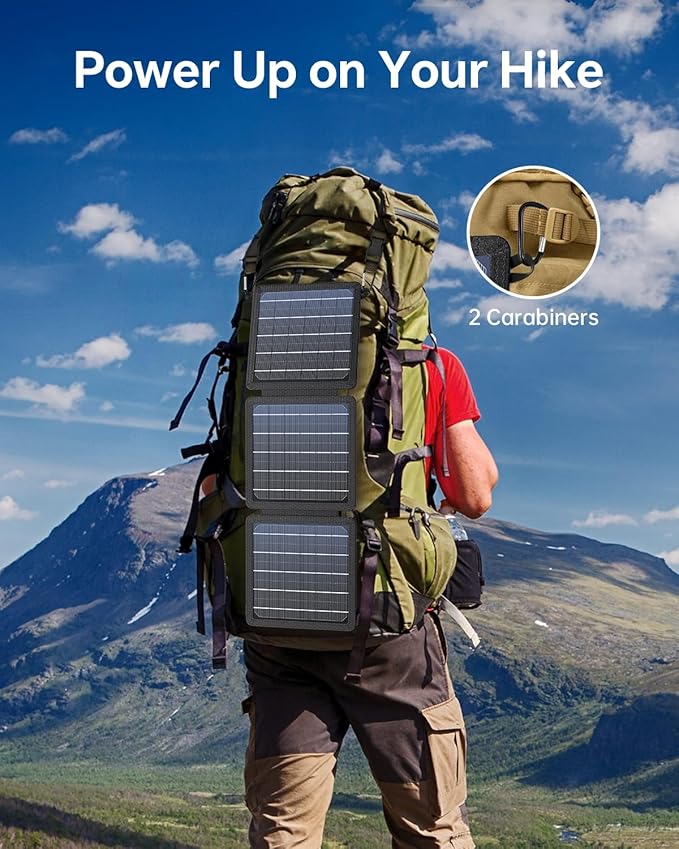15W Small Portable Solar Panel Chargers (5V/3.0A USB-A/USB-C), IP65 Waterproof Foldable Solar Panel with Large Storage,Backpack Solar with 2 Carabiner for Camping,Hiking, Cell Phone,Tablet