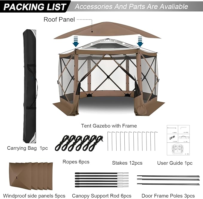 COBIZI 12x12 FT Pop Up Canopy Stargazing Tent, Gazebos On Clearance with Removable Roof, Screened in Gazebo, Screen Tents Portable carpas para Patio for Outdoor Camping,Backyard,Garden,Brown(Pro)