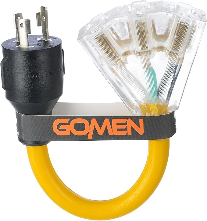 GOMEN 12 Inch 30 Amp to 110 Adapter, 3 Prong 30 Amp to 15 A Generator Adapter Power Cord with Twist Lock, 10 Gauge STW, NEMA L5-30P Male to 3X 5-15R Female with Lighted End, 1 FT