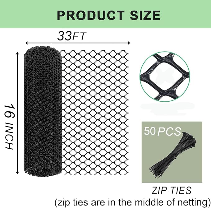 Plastic Wire Mesh Fence Roll 16 in x 33 ft Plastic Chicken Mesh with 50 Pcs Zip Ties Balcony Garden Netting Fencing Barrier for Dogs, Poultry, Puppy, Garden Snake Barrier