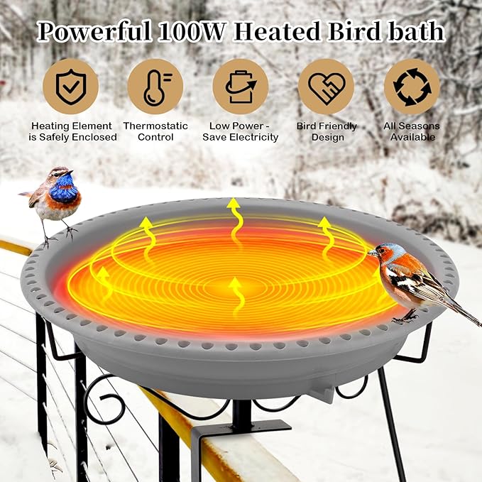 Lovppy Heated Bird Bath for Deck Railing, 100W Thermostatically Controlled Heated Bird Baths for Outdoors Bird Bath Heater, Heated Bird Bath for Outside Winter Garden Patio Yard(Gray)