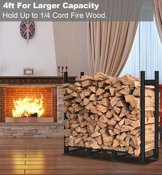 4ft Firewood Rack Adjustable Heavy Duty Fire Wood Stand Holder for Outdoor Indoor Fireplace Log Storage, Metal Lumber Stacker Organizer, Black