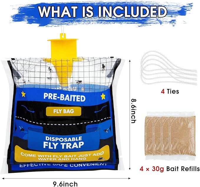 4 Pack Fly Traps Outdoor Hanging for Patio, Outdoor Disposable Hanging Fly Trap with 30g Bait, Bug Fly Hunter Catcher Killer Control for Barn Horse Ranch Chicken Coop