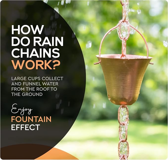 Copper Rain Chain – Decorative Chimes & Cups Replace Gutter Downspout & Divert Water Away from Home for Stunning Fountain Display – for Universal Fit