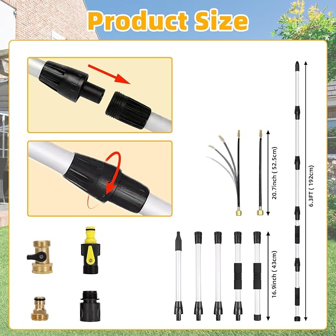 16FT Reach Gutter Cleaner, Gutter Cleaning Tools from the Ground with 3/4" Brass Shut-Off Valve & Bendable 360° Rotating Water Wand, Safe Cleaning for 2-Story Homes