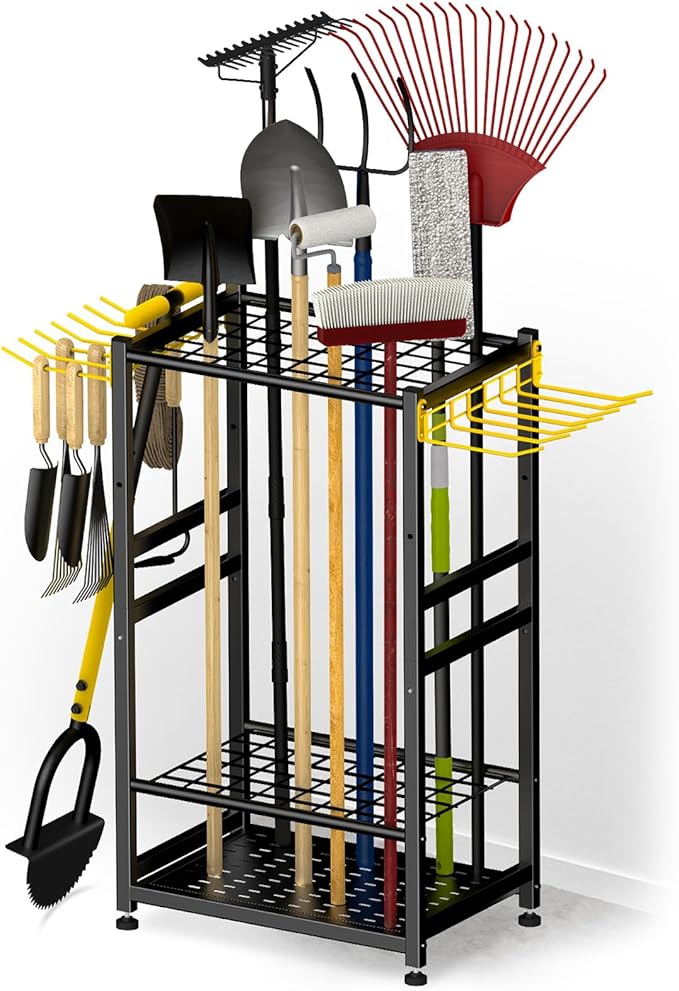 Garden Tool Organizer, Up 48 Long Handle Tool, Garage Storage and Organization with Side Hook for Broom/Rake/Shovel/T-Handle Tool, Heavy Duty Steel Outdoor Tool Rack,Yard Tool Stand for Shed