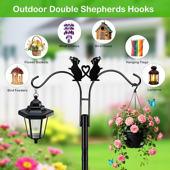 Double Shepherds Hooks for Outdoor, 2 Pack 78 Inch Bird Feeder Pole with 5 Prongs Base, Adjustable Heavy Duty Plant Hangers Dog Art for Outdoor Plants Hummingbird Feeder Hanging Basket Lantern