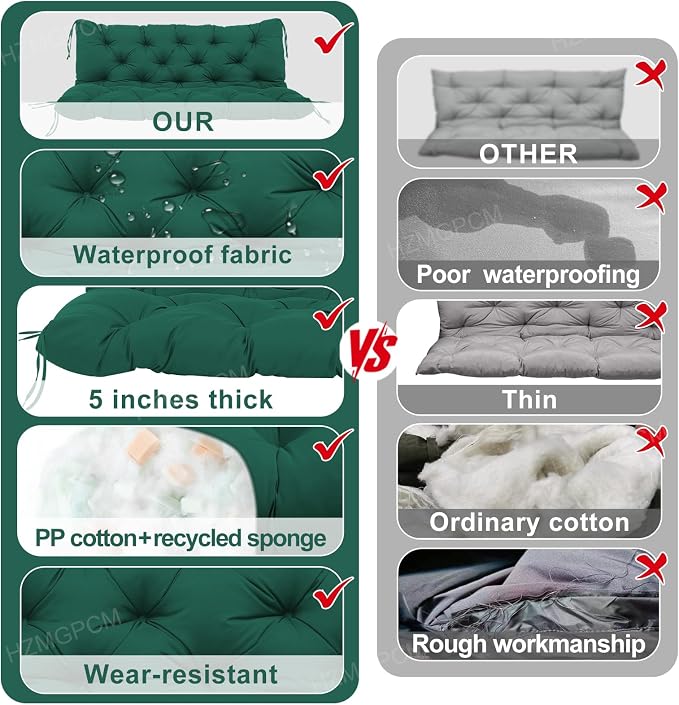Extra Thick 5" Waterproof Porch Swing Cushions Outdoor 40 inch Swing Cushions 2 Seater Replacement with Backrest and Ties for Outdoor Furniture Patio Bench Garden (Dark Green)