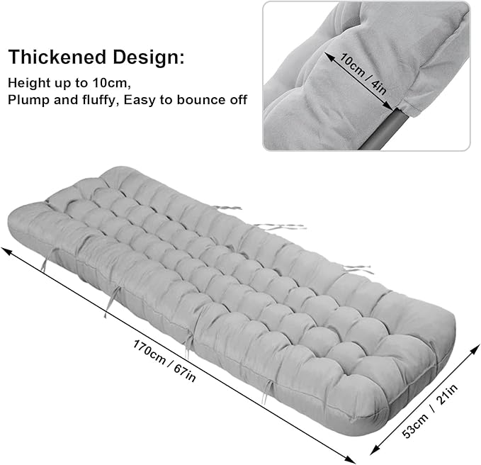 ERWUDEling Lounge Chair Cushion 67 x 19 Inch, Outdoor Chaise Lounge Cushion 4" Thick Waterproof Replacement Cushion for Patio Furniture, Zero Gravity Chair Pad with Ties, Non-Slip, Washable (Gray)