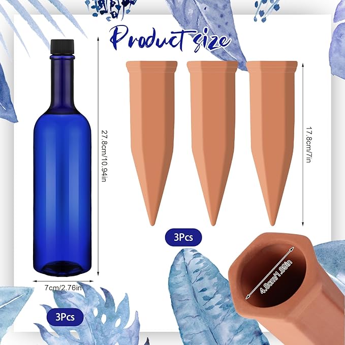 SiliFine 3 Sets Plant Watering Devices Include Terracotta Self Watering Spikes and 26 oz Plastic Bottles, Slow Release Vacation Insert Automatic Plant Waterer Device (Blue and Terracotta)