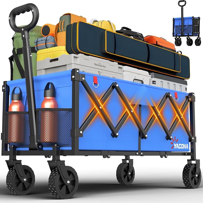 35" L Extra Long Wagons Carts Foldable, 360LBS Heavy Duty Collapsible Wagon with Wheels, Folding Wagon Portable Utility Cart for Groceries, Shopping, Camping, Sports (Blue, 180L)