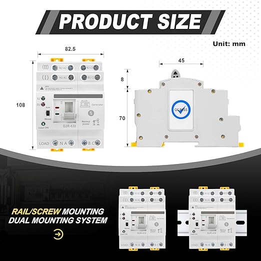 63Amp 220V AC Mini ATS Automatic/Manual Transfer Switch, 4Pole G2R Solar Auto Dual Power Changeover Switch for Home, Din Rail Mounted 50/60Hz CE Certified for Rv, Lv, Cn Public/Backup Power