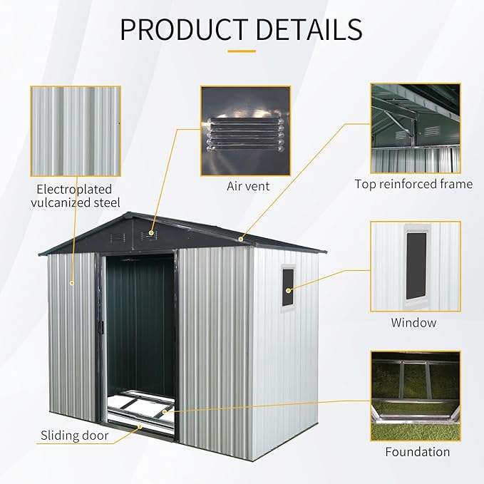 KEIKI 8x4 FT Outdoor Metal Storage Shed with Peaked Roof,Air Vents,Window and Metal Foundation for Garden Yard