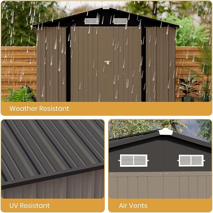 Patiowell 12 x 8 FT Outdoor Storage Shed, Large Metal Shed Storage with Lockable Doors and Steel Frame, Utility Tool Outside Storage Shed for Garden, Patio, Backyard, Brown