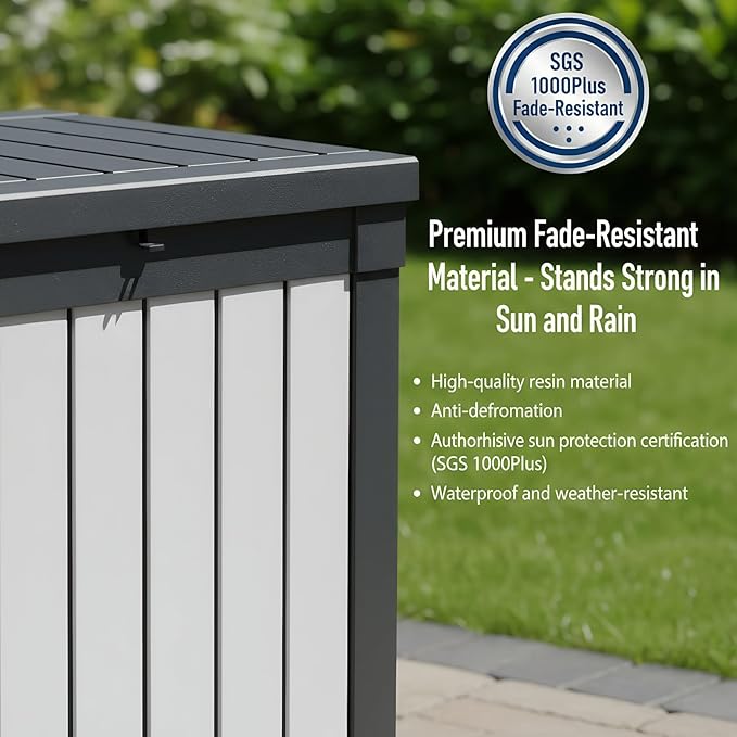 50 Gallon Resin Deck Box with Lockable Lid - Outdoor Waterproof Storage for Patio Furniture, Garden Tools, Cushions & Pool Accessories, Wood Grain Design, All-Weather Durable