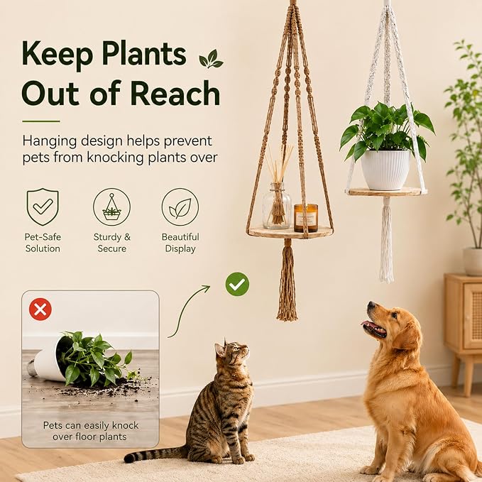 Artilady 2 Pack Macrame Hanging Planter with Wood Shelf, Boho Plant Hanger for Indoor Plants Basket Holder for Window Balcony Kitchen