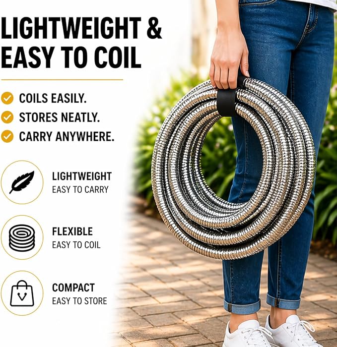 100 FT Metal Garden Hose, Stainless Steel Water Hose, Kink-Free Lightweight Heavy Duty Garden Hose with Brass Fittings & Nozzle, Flexible Non-Expandable Hose