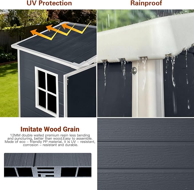 YOPTO 6x4 FT Storage Shed,Plastic Outdoor Storage Shed with Floor and Lockable Door,Waterproof Garden Shed W/Windows & Vents,Sloped Roof,Tool House for Storing Bicycles,Lawnmowers,Cold Grey