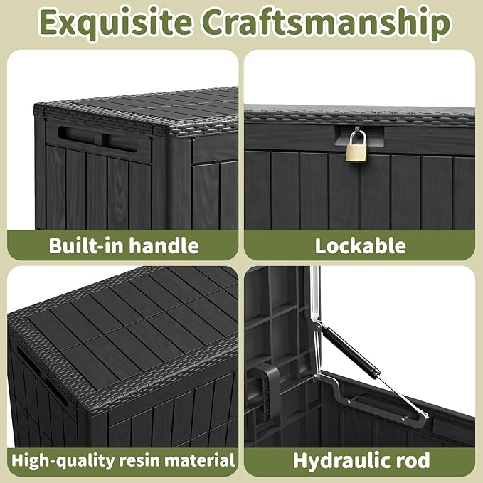 100 Gallon Outdoor Storage Box, Waterproof Lockable Resin Deck Box with Seat, Patio Furniture Cushion Storage, Garden Tool Organizer & Pool Toy Box, Black