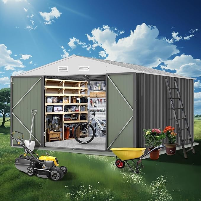 12X10FT Metal Outdoor Storage Shed, Galvanized Steel Garden Tool Shed with with Lockable Door & Vents,Waterproof All-Weather Utility Tool Shed for Lawn Mower, Bike