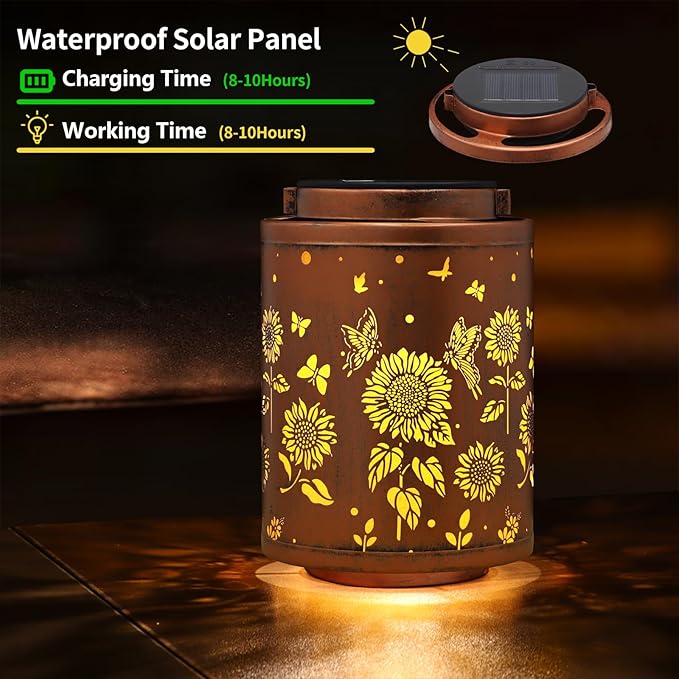 Tepaken Solar Outdoor Lanterns, Butterflies Garden Decor LED Light Hanging Waterproof Metal Lanterns for Patio, Pathway, Yard