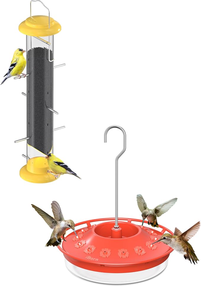 iBorn Thistle Bird Feeder for Outdoor，Metal Tube Bird Feeder 14 Inch with 12 Small Ports,8 Metal Perches,Yellow + Hummingbird Feeder with 14 Bee Guard Ports,13 OZ,Red,2 Pack