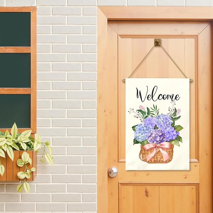 Hydrangea Welcome Garden Flag Large 28x40 Inch Spring Summer Watercolor Floral Outdoor House Banners Blue Purple Hydrangeas Basket Flowers Porch Yard Flags for Outside Seasonal Home Decor