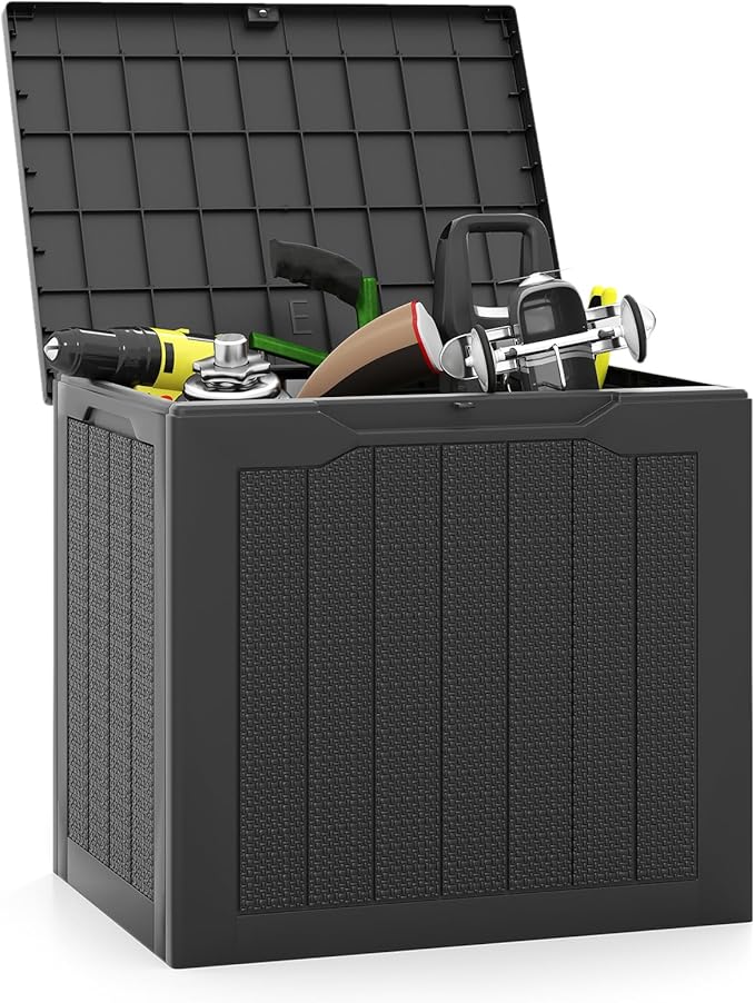 Tangkula 30 Gallon Outdoor Storage Box, Resin Outdoor Storage Bench with Lockable Lid, Waterproof Deck Box for Garden Tools, Pool Accessories, Cushions