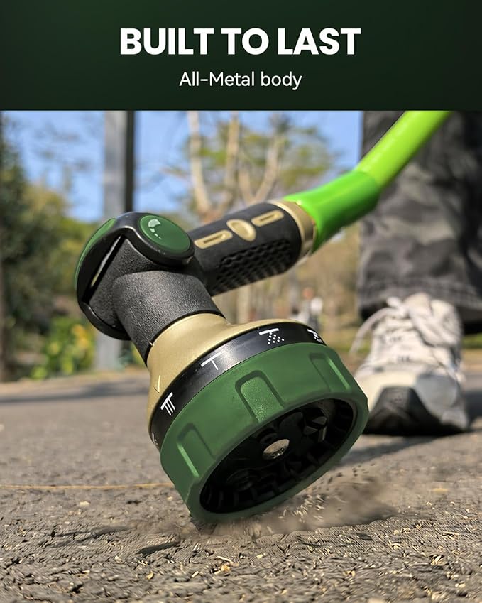 RAINPOINT Garden Hose Nozzle Heavy Duty - 100% Metal Thumb Control Spray Nozzles for Garden Hose High Pressure, 10 Patterns Water Hose Nozzle for Car Wash, Watering Lawn and Pets, Bottle Green