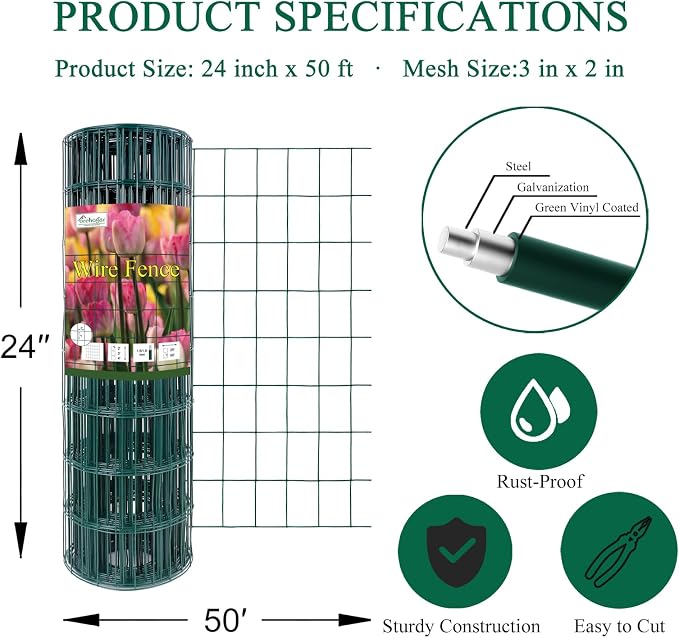 FOREHOGAR Green PVC Coated Welded Wire Fence 24 Inch x 50 Foot, 2 Inch x 3 Inch 16GA, Garden Border Fencing Roll Vinyl Coating Metal Wire Mesh for Yard Vegetable Plant Protection Poultry Netting
