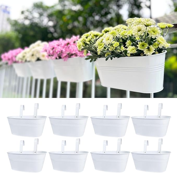 LaLaGreen Rail Planters for Outdoor (11.2 Inch, 8 Pack) White Metal Iron Hanging Flower Pots, Strawberry Planter Deck Railing Fence Bucket Modern Stylish Wall Mount Window Box Plant Holder Porch Décor