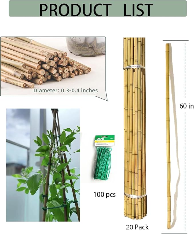 5 Ft Bamboo Stakes with 100 Twist Ties Natural Bamboo Garden Stakes for Tomatoes Cucumber Grapes Pole Beans Trees Potted Dahlia Flowers and Climbing Plants - Pack of 20 (58in, Approx 5FT)