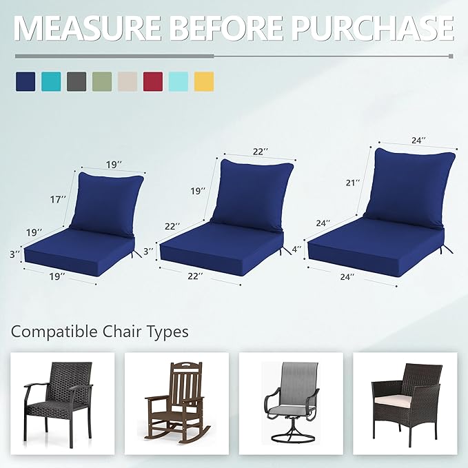 19x19 Inch Patio Chair Cushions Set of 2, Outdoor Furniture Cushions - Removable Cover, Water-Repellent, Fade-Resistant, Non-Slip Bottom & Straps, Replacement for Lawn, Porch & Deck Chair - Navy
