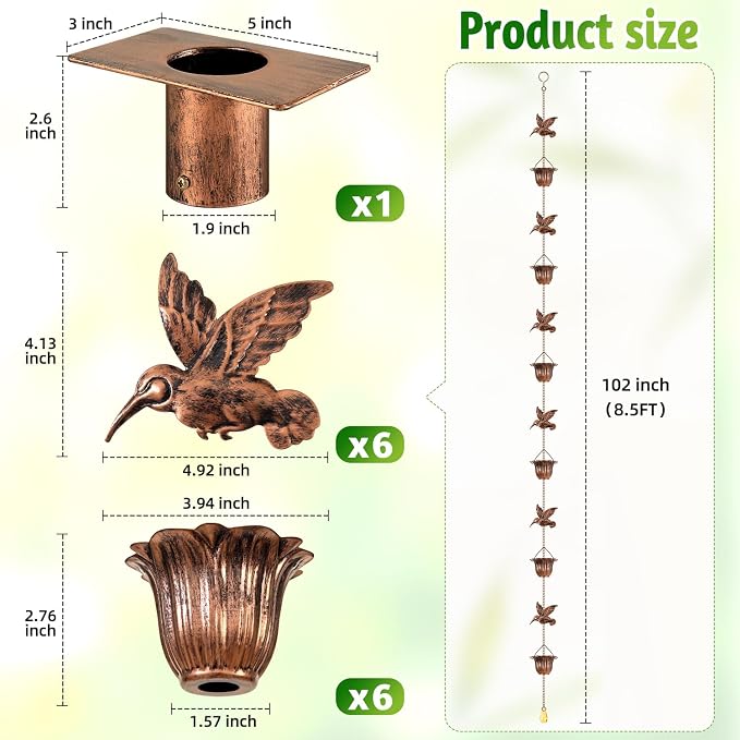 Rain Chains for Gutters Outside 8.5FT Copper Rain Catcher Chain with Adapter Decorative Replacement for Downspout with 6 Hummingbirds and 6 Flower Cups