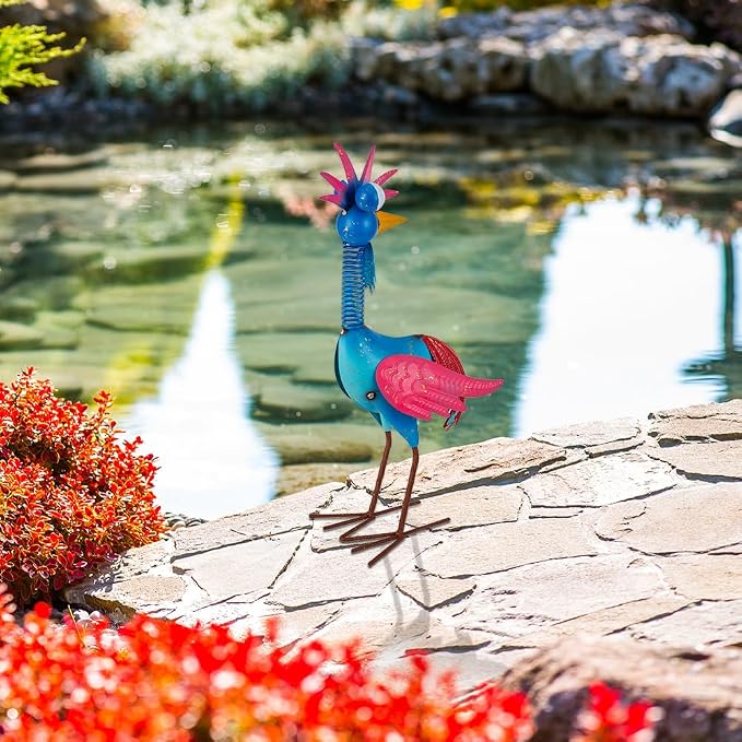 Metal Wacky Rooster Garden Statue, Rooster Decor Yard Statue Decorations Outdoor, Chicken Yard Art for Outside, Patio, Backyard, Lawn (Blue & Pink)