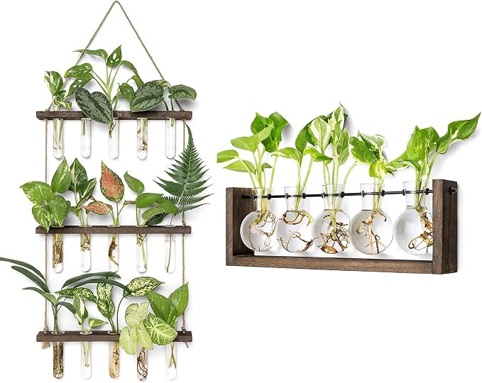 Mkono Plant Terrarium with Wooden Stand, Wall Hanging Glass Planter Desktop Propagation Bulb Vase Metal Swivel Holder Retro Rack for Hydropoincs Plants Home Office Decor（5 Bulb Vase）