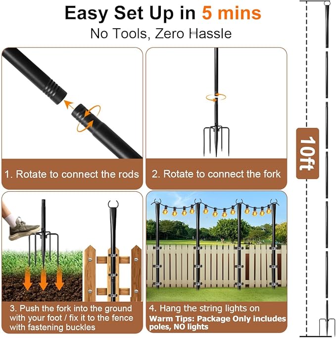 2 Pack Heavy-Duty String Light Poles for Outside with Fork, Adjustable Lighting Hanging Post Accessories for Patio Furniture Set Patio Decor Outdoor Decor Backyard Yard Pergola Garden Decorations